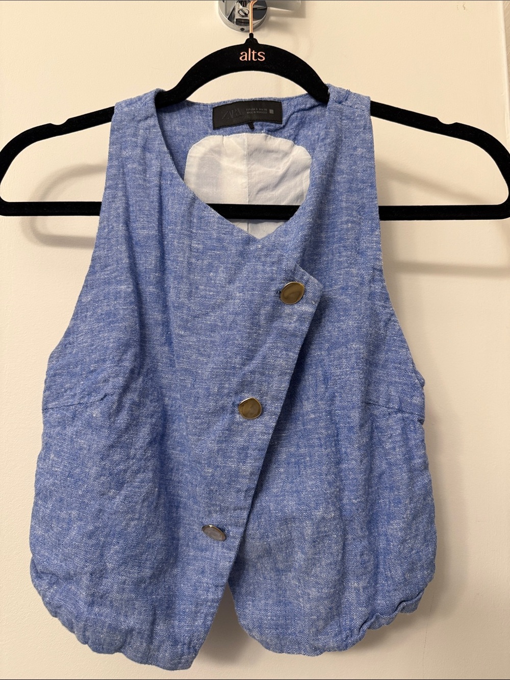 Zara Light Chambray Blue Asymmetrical Button Crop Top